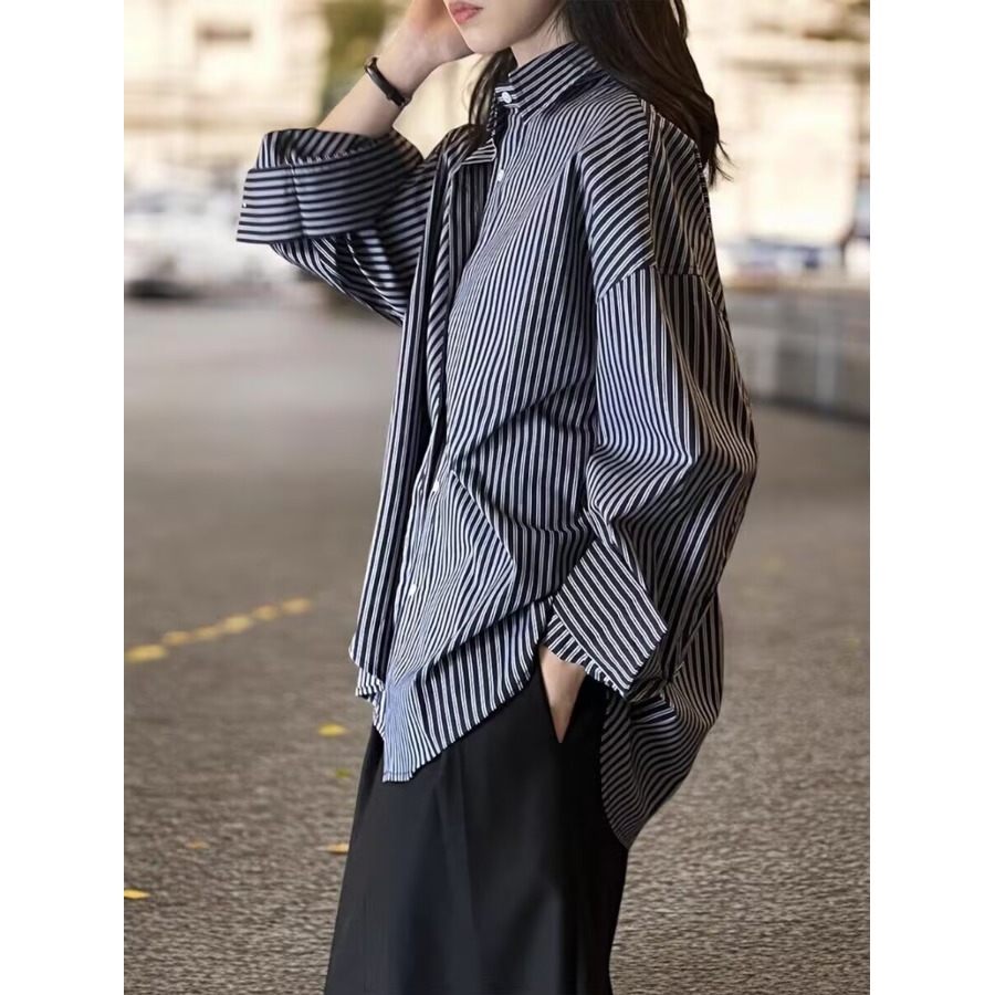 Blue Striped Loose Long Sleeve - Vintage Fashion Hong Kong review and price