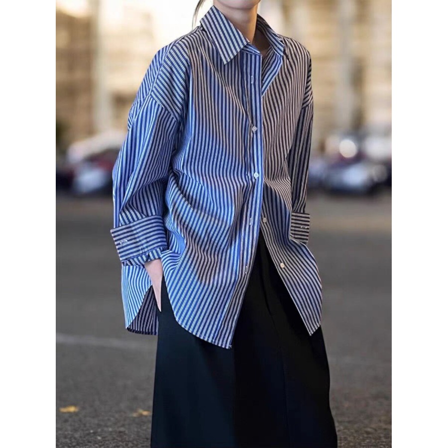 Blue Striped Loose Long Sleeve - Vintage Fashion Hong Kong review and price