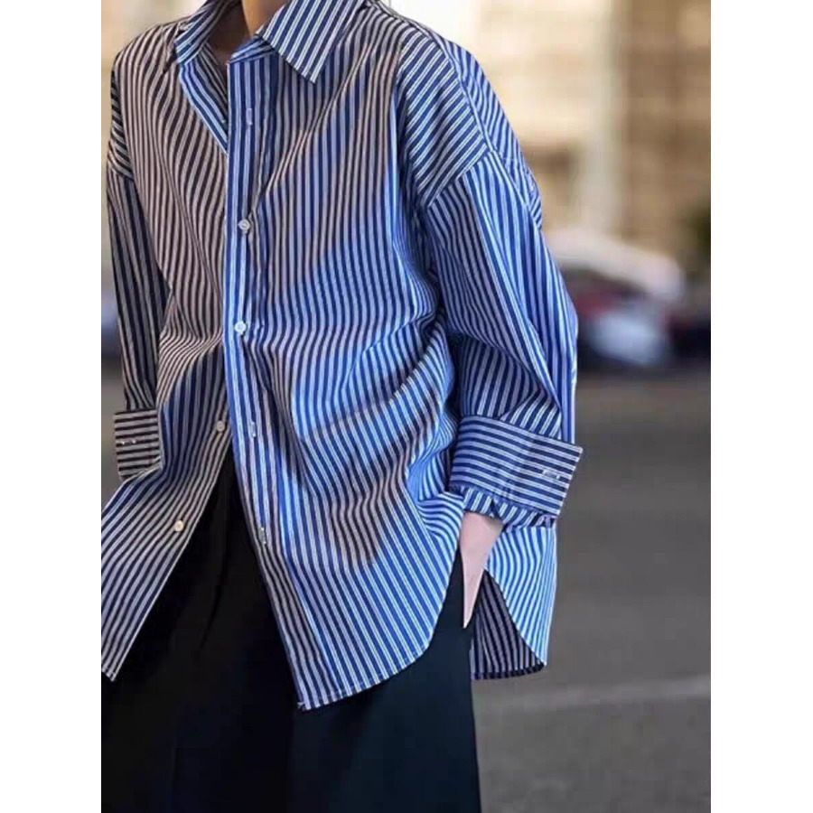 Blue Striped Loose Long Sleeve - Vintage Fashion Hong Kong review and price