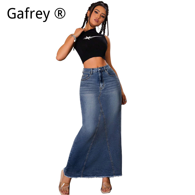 Women Denim Midi Skirt High Wa - Vintage Fashion Jeans review and price